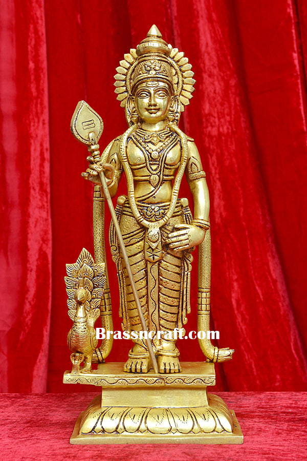 Brass Standing Murgan Statue with Vel & Peacock