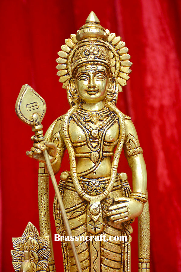 Brass Standing Murgan Statue with Vel & Peacock