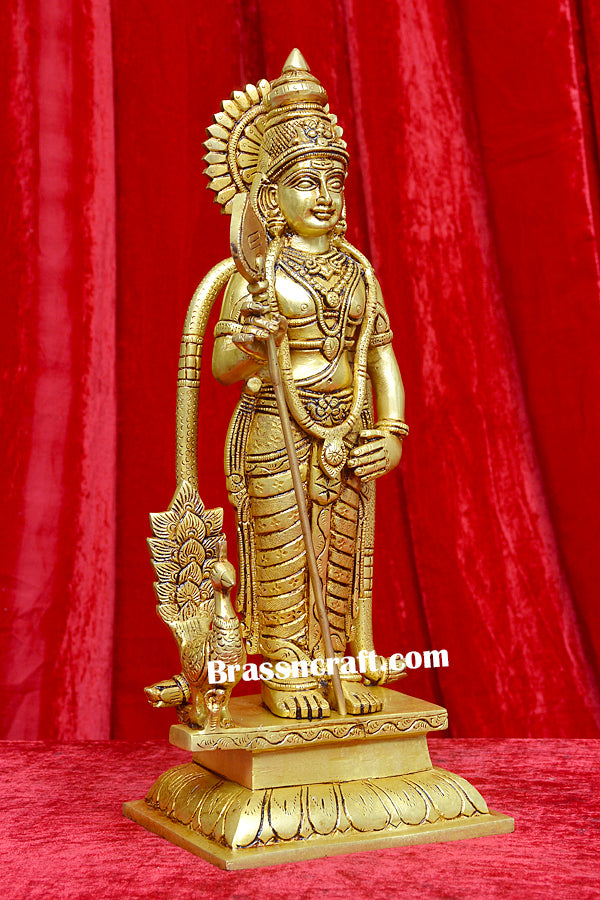 Brass Standing Murgan Statue with Vel & Peacock