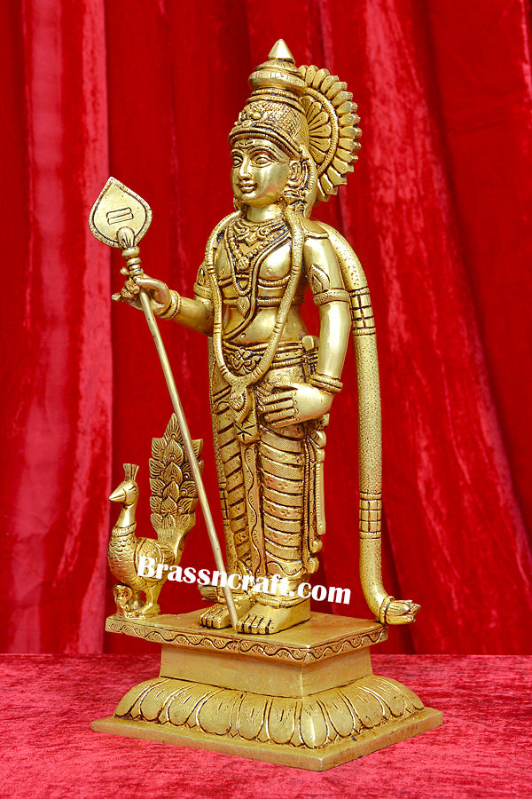 Brass Standing Murgan Statue with Vel & Peacock