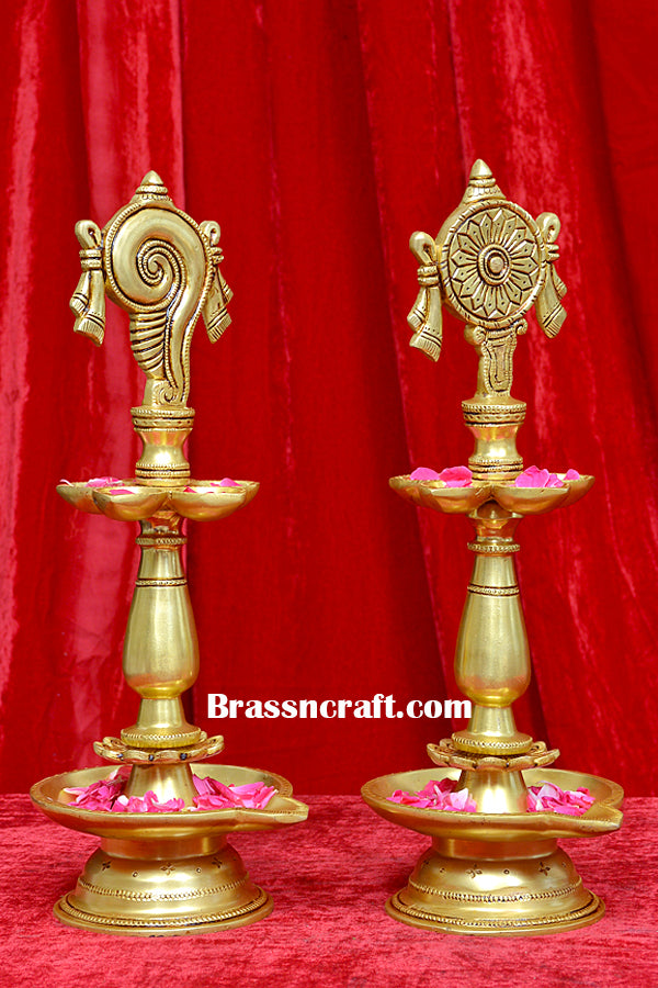 Brass Shankh Chakra 5 Deepak Set
