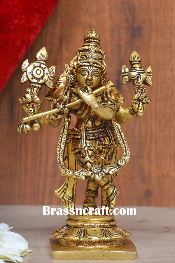 Brass Lord Krishna with Shankh and Chakra
