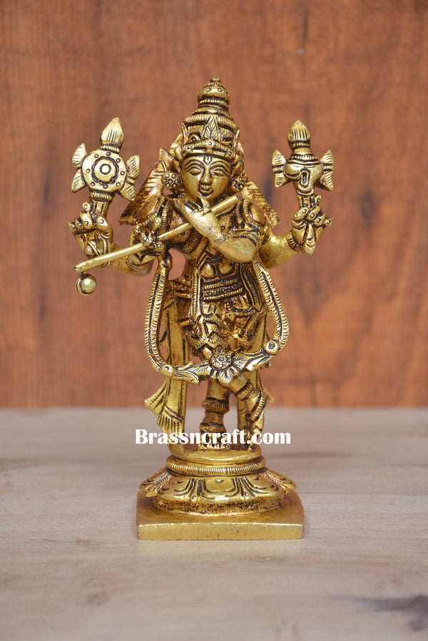 Brass Lord Krishna with Shankh and Chakra