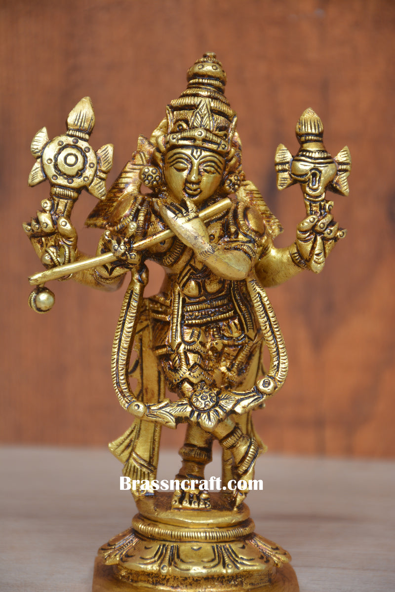 Brass Lord Krishna with Shankh and Chakra