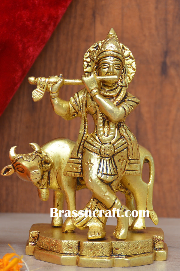 Brass Cow Krishna Idol