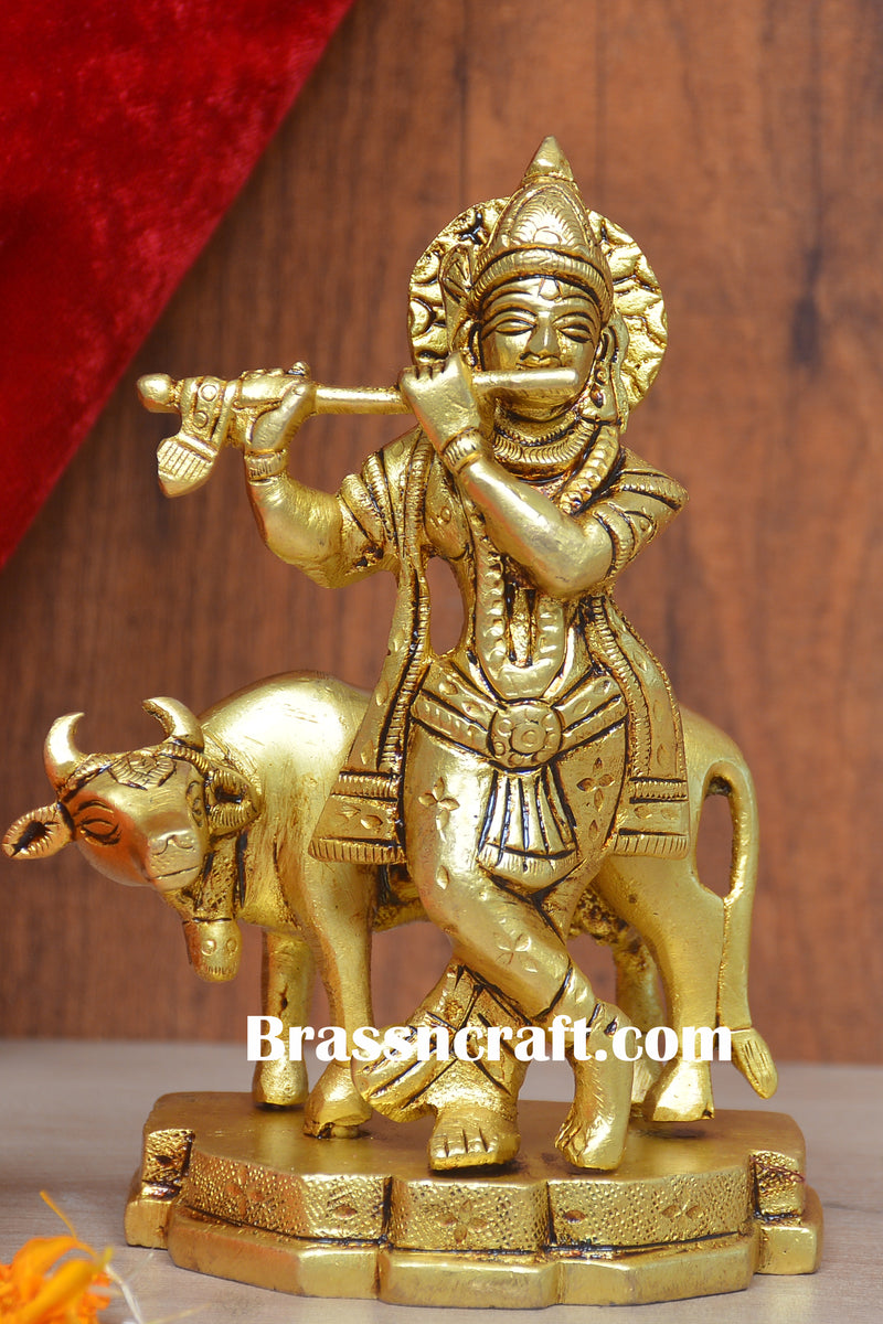 Brass Cow Krishna Idol