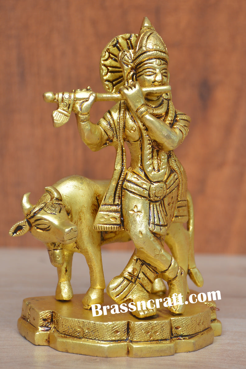 Brass Cow Krishna Idol