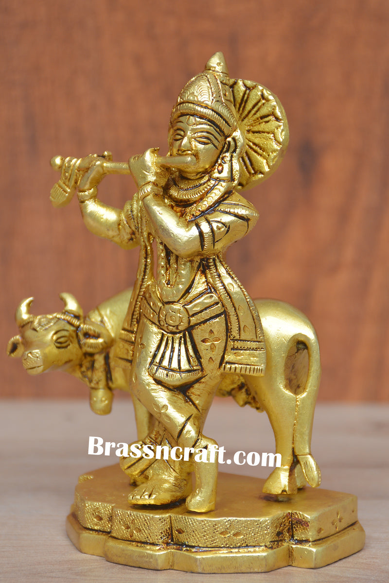 Brass Cow Krishna Idol