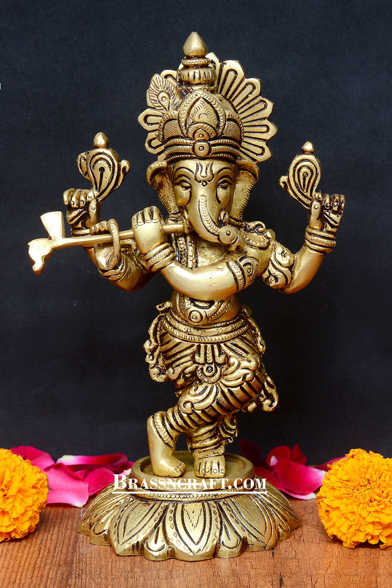 Brass Flute Ganesha Idol – Antique Finish