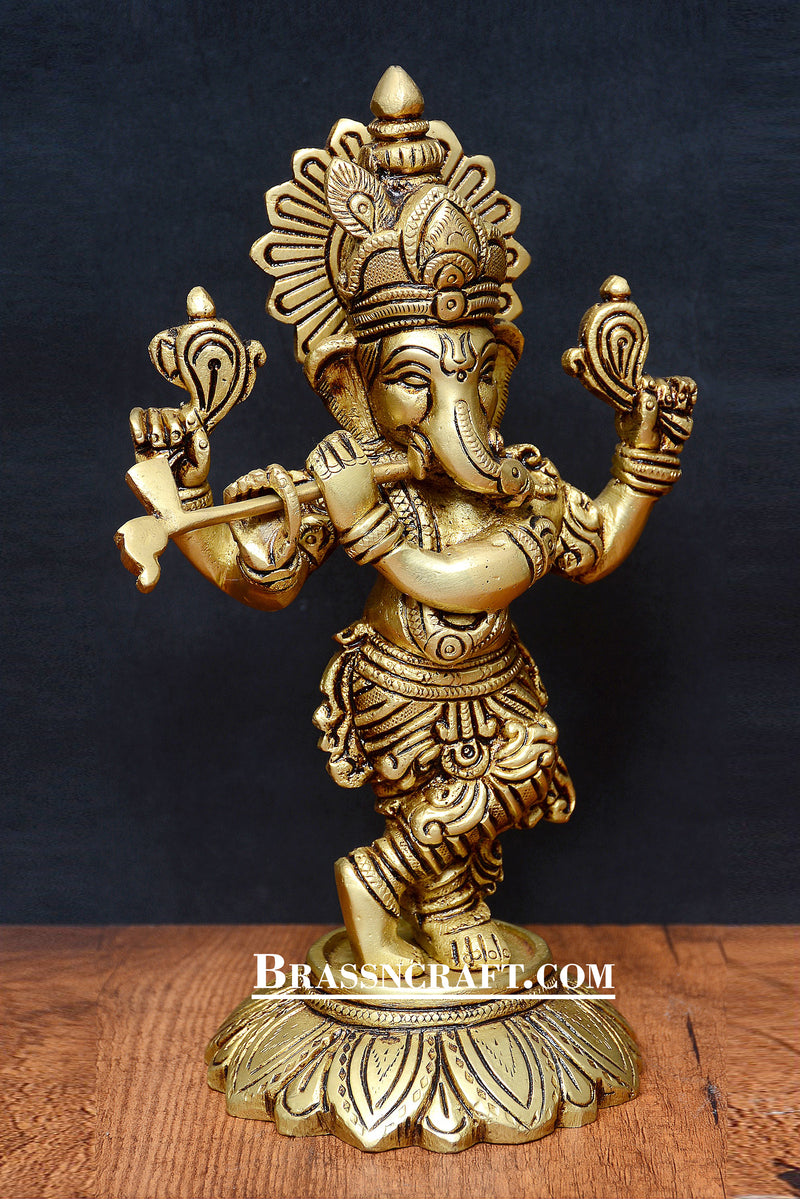 Brass Flute Ganesha Idol – Antique Finish